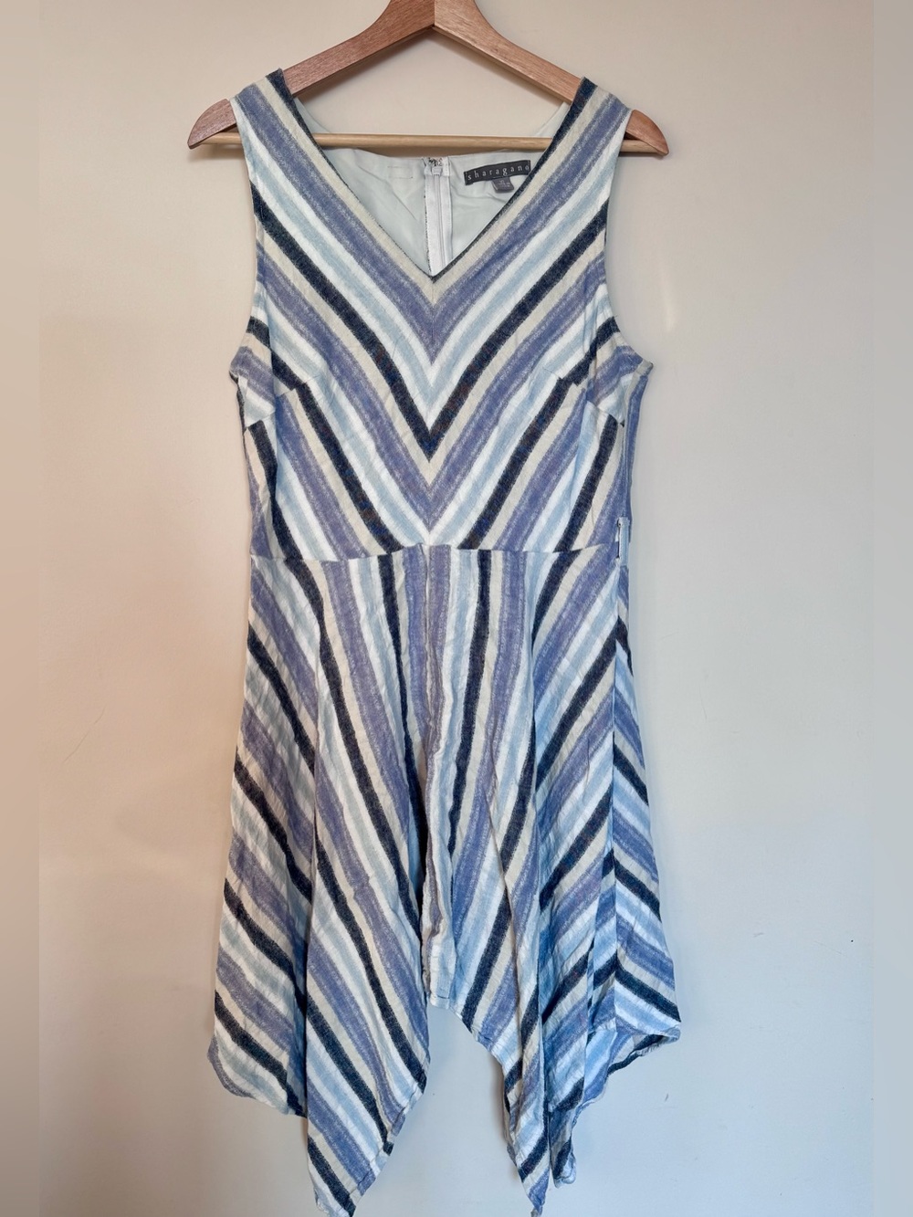 Blue and White Striped Sleeveless Handkerchief Hem Dress Linen Blend